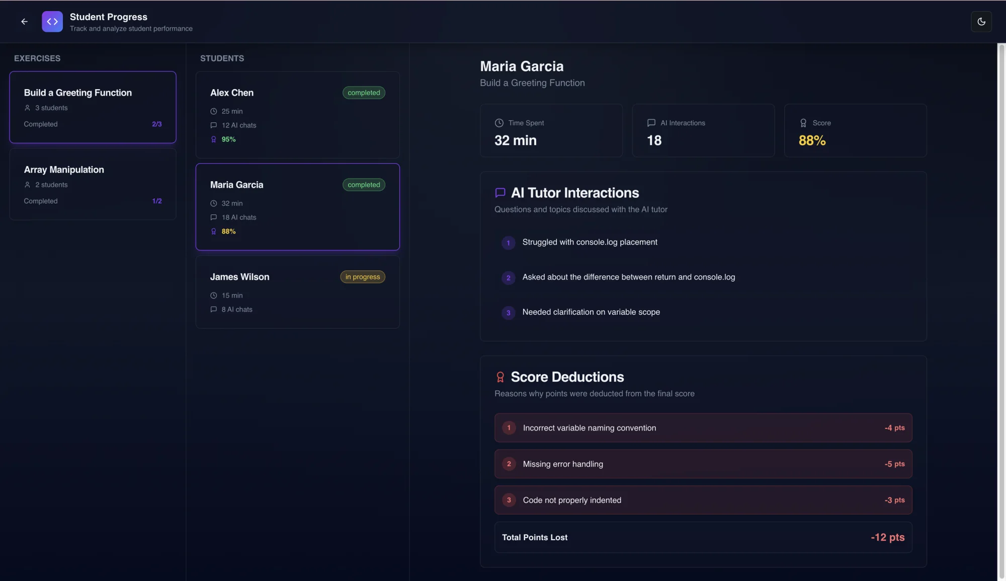 Codor dashboard showing programming exercises, student progress, and AI feedback
