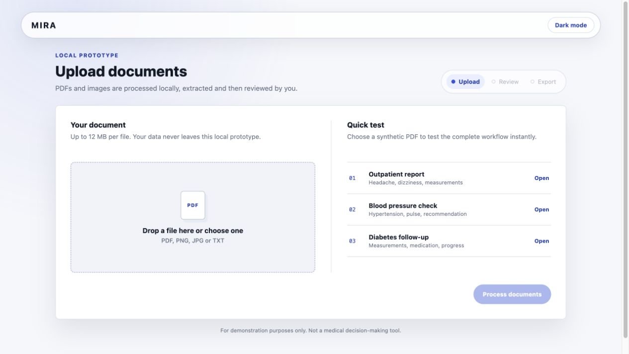 Mira upload interface for processing medical documents